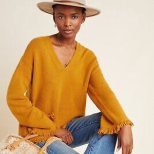 Anthropologie Joy Fringed V-Neck Mustard Yellow Wool Blend Fall Sweater